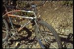 Frame paint archeology. Joe Breeze’s 1937 Schwinn Excelsior X had been painted four or five times before he found it in a Sacramento Valley junkyard in 1974. He carefully scraped through to the original ivory on blue spears. Note that this bike has Breezer 1’s front fork on it for the Repack test. 