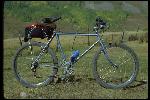 Jeffrey Richman bike standing in field, Crested Butte, CO, September 1979. Built in Santa Rosa, CA, late to 1978 or sometime 1979 September or before. Owned by Michael Castelli of Point Reyes, CA. Light blue frame. Static side view. 