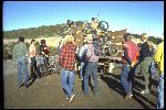 At the Azalea Hill drop off point for Repack. Toby Hardman, Gary Fisher among others in the center foreground, Marc Vendetti in background. Blue Breezer #1 is second from end on truckbed. Fred Wolf’s 1953 Chevrolet one ton stake side truck, rear view. December 1978. 