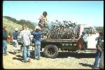 At the Azalea Hill drop off point for Repack. Bikes are unloaded from Fred Wolf’s 1953 Chevrolet one ton flatbed truck. Side view of truck with lots of bikes. Little ZuZu Wolf on running board,that’s his bike behind cab. Mark McCue of Berkeley Trailer’s Union, BTU, unloads bikes. Circa 1977. 