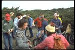 Top of Repack, discussing start times, socializing and releasing pre race tensions. Left to right, Charlie Kelly , with Repack logbook, unidentified blond, Chris McManus, Alan Bonds , foreground, , Joe Breeze, Gordon Burns or Gordon Meyer not sure, Art Black foreground, Gary Fisher, Mark Lindlow , Nov. 77